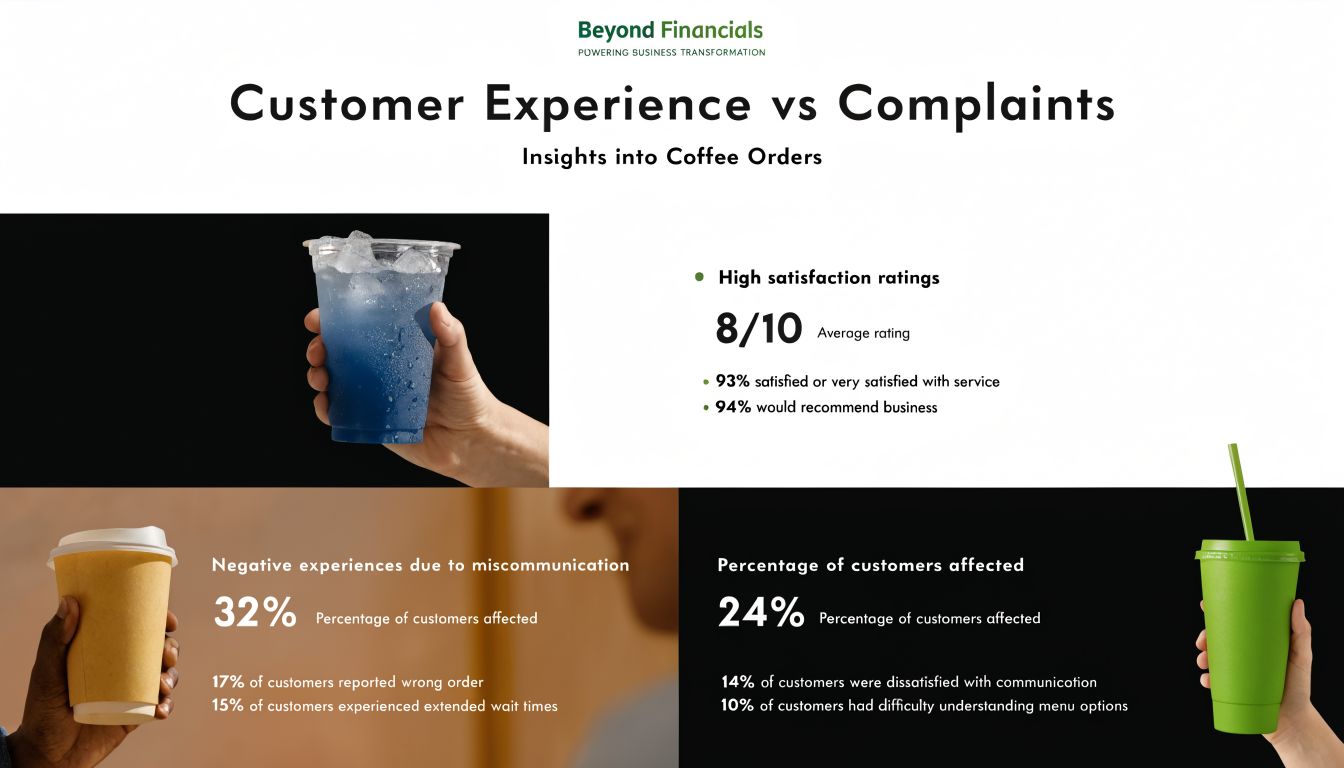An infographic titled Customer Experience vs Complaints displaying positive rating statistics and negative feedback metrics.