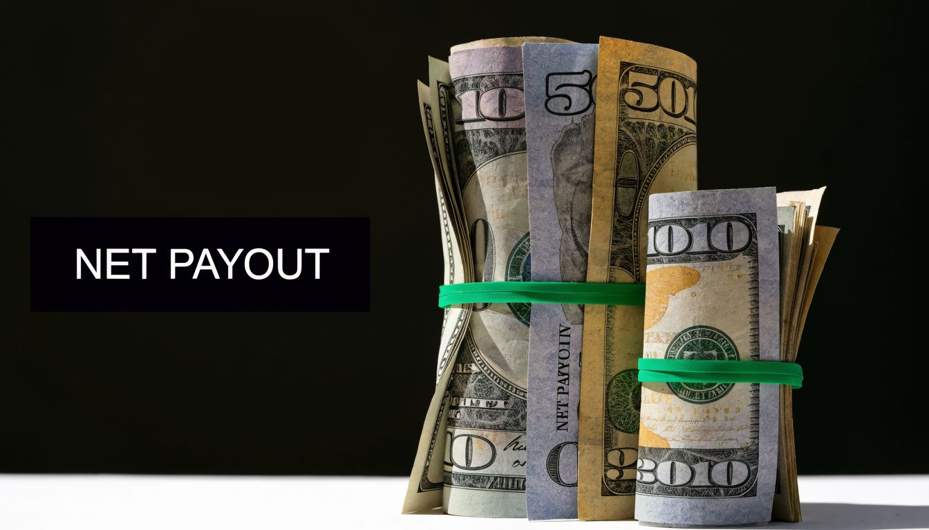A stack of rolled-up United States dollar bills held together by rubber bands, symbolizing a net payout.