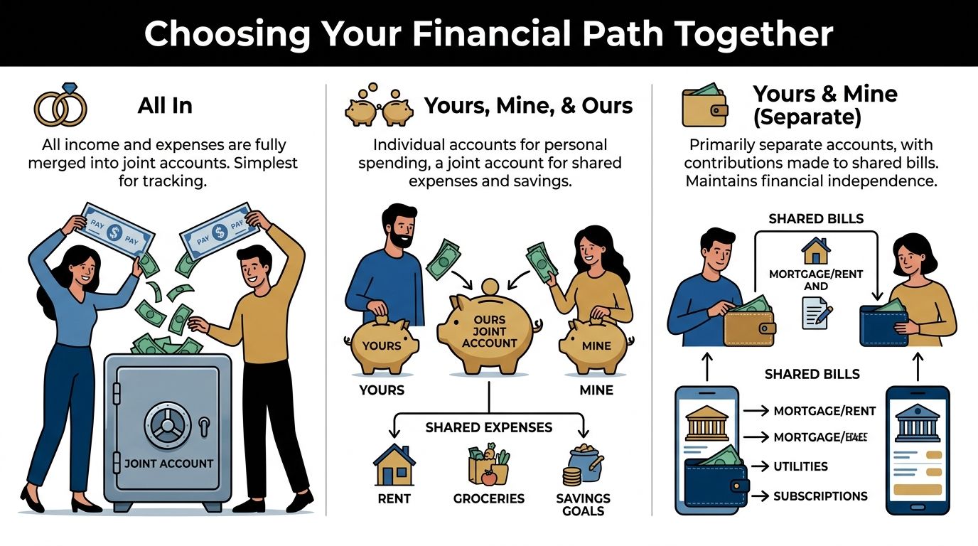 An infographic illustrating three common financial management strategies for couples: joint accounts, hybrid accounts, and separate accounts.