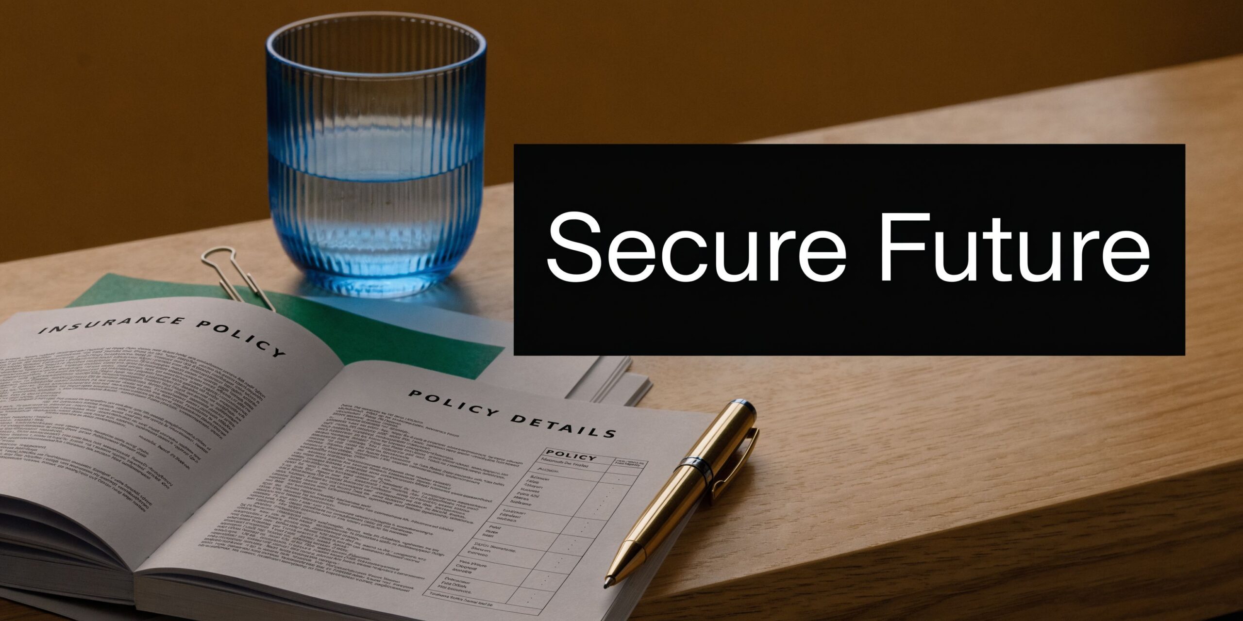 An insurance policy document lies on a wooden desk next to a pen and blue glass.
