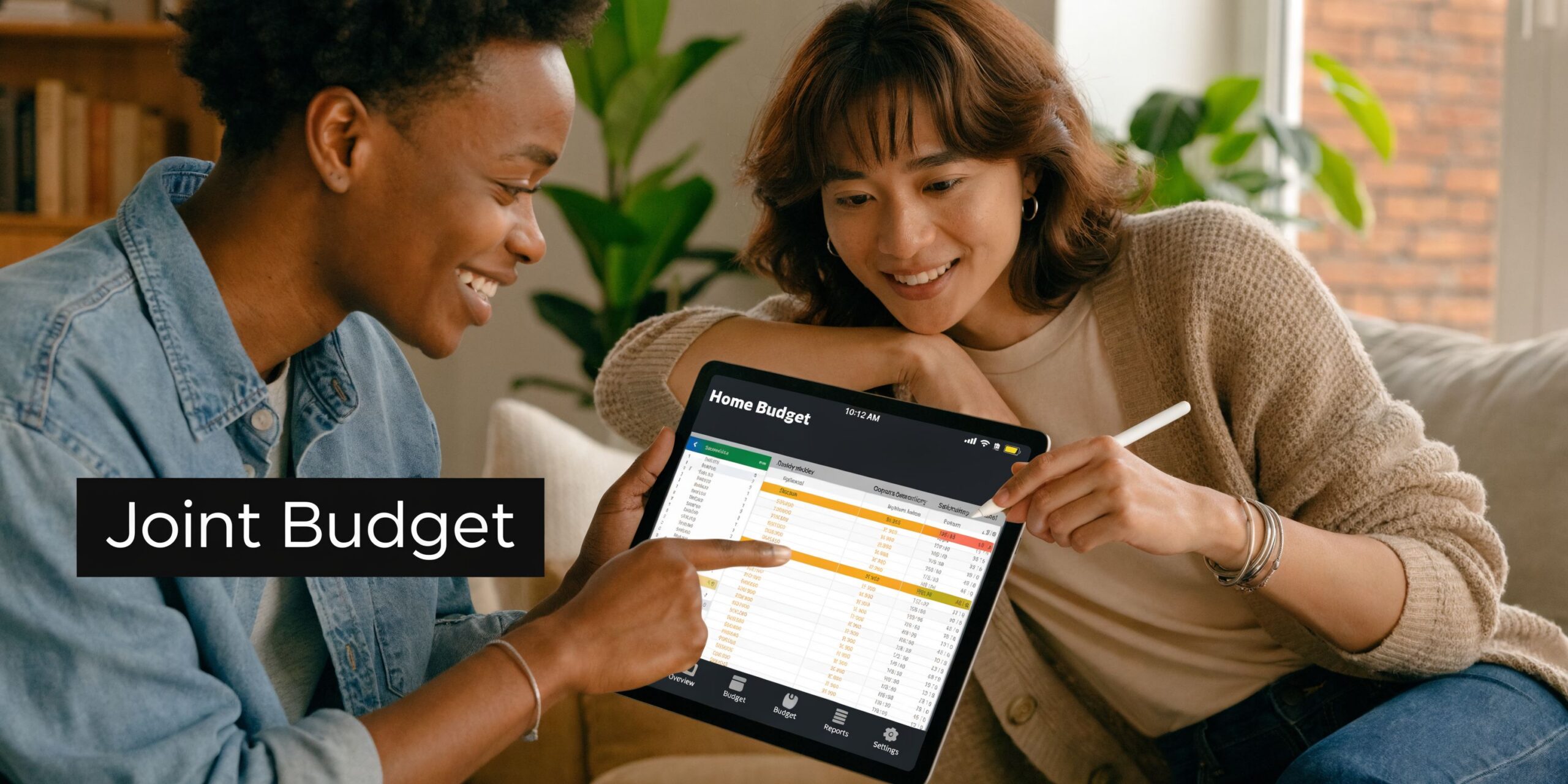A happy couple reviewing their financial expenses together on a digital tablet at home.