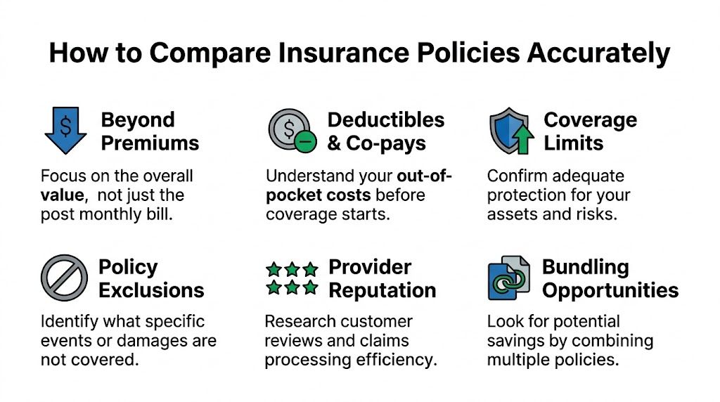 A helpful infographic outlining key factors for accurately comparing different insurance policies, including premiums, coverage, and reputation.