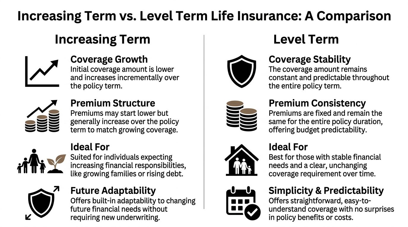A comparison chart outlining the key differences between increasing term and level term life insurance policies.