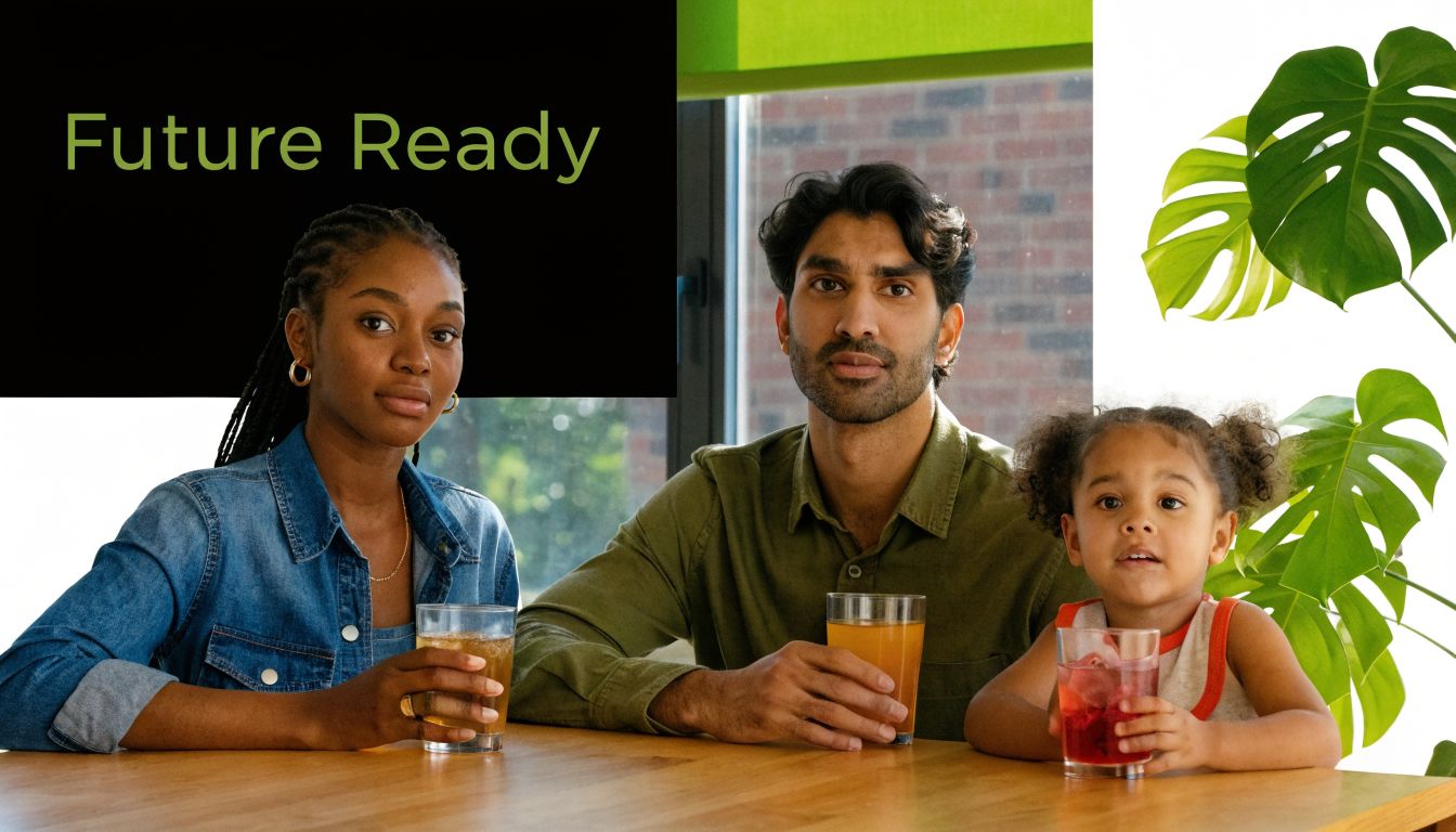A young family of three sitting together at a table drinking refreshing beverages in a bright room.