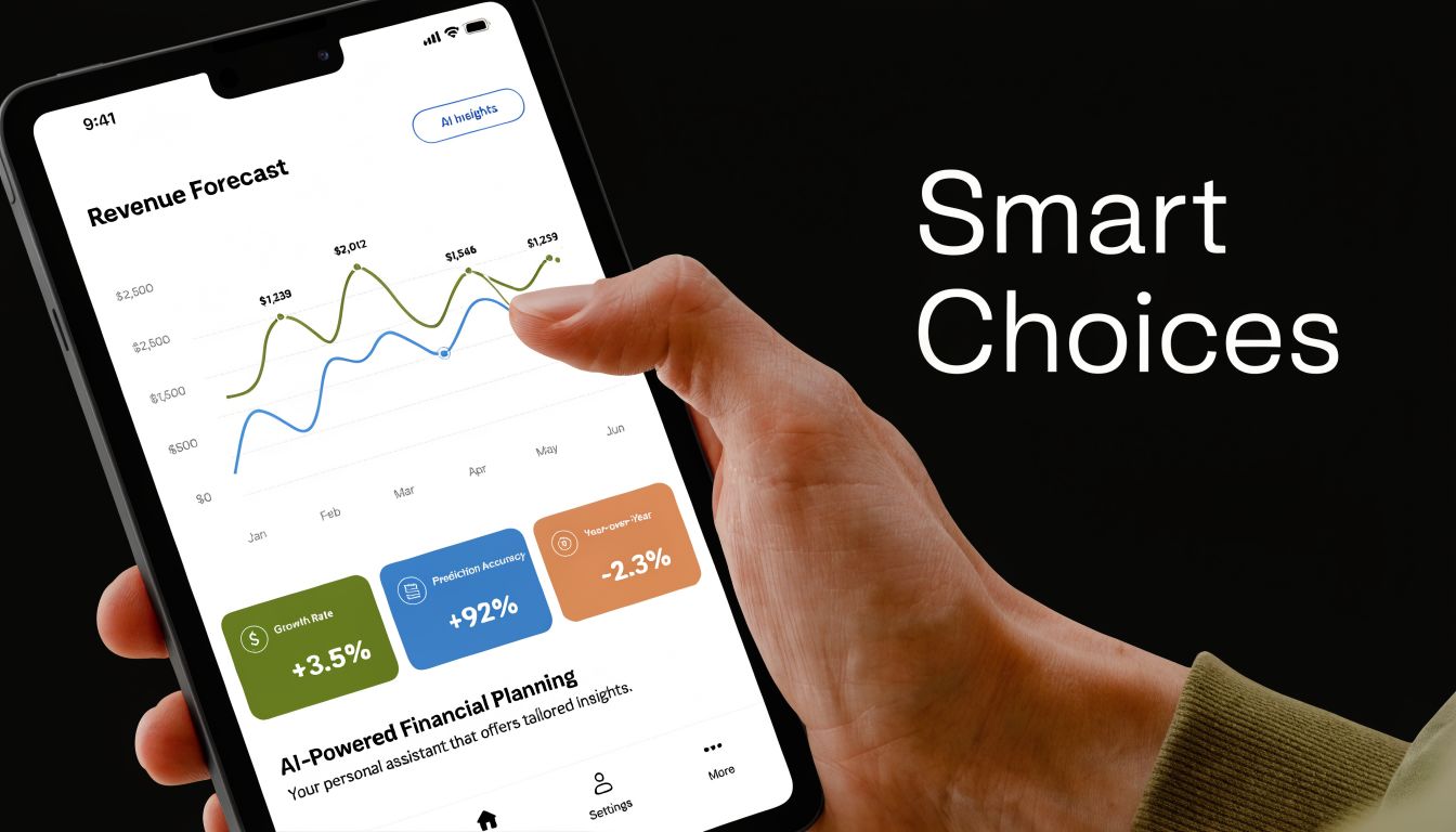 A hand holding a smartphone displaying an AI-powered financial planning app with revenue forecast charts and statistics.