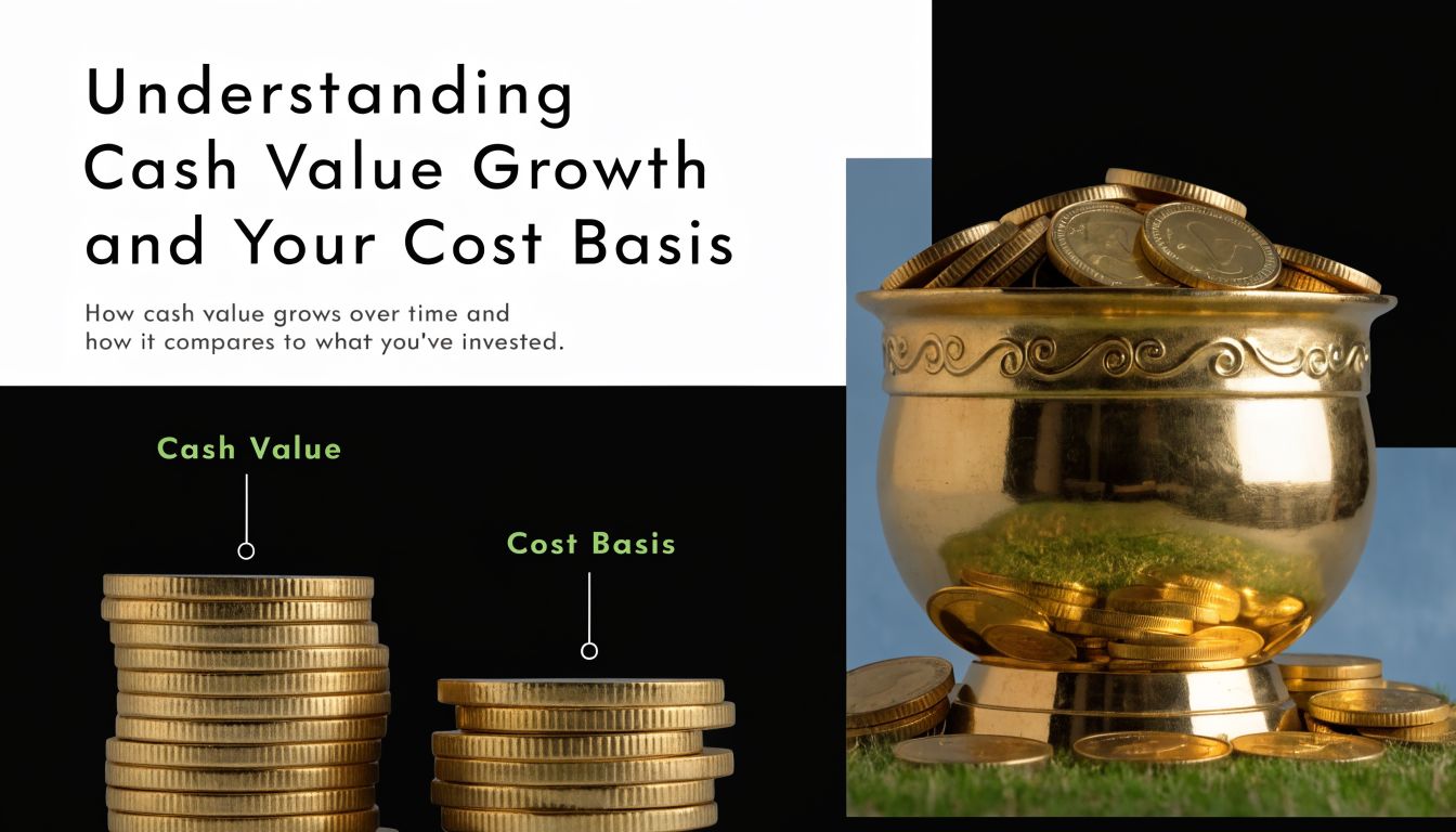 A visual comparison showing gold coin stacks representing cash value growth versus cost basis in insurance.