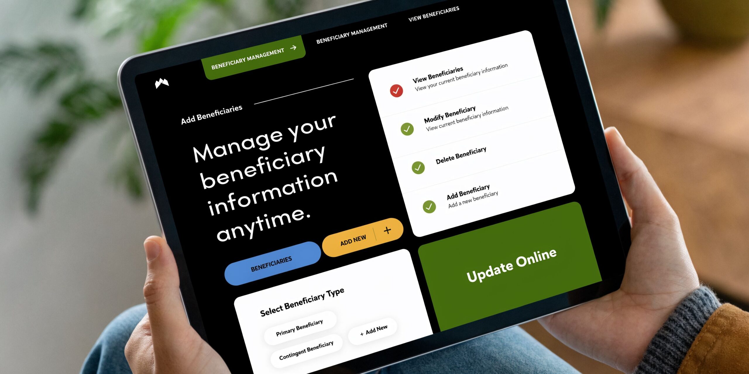 A digital tablet displaying a beneficiary management dashboard for life insurance and estate planning services.
