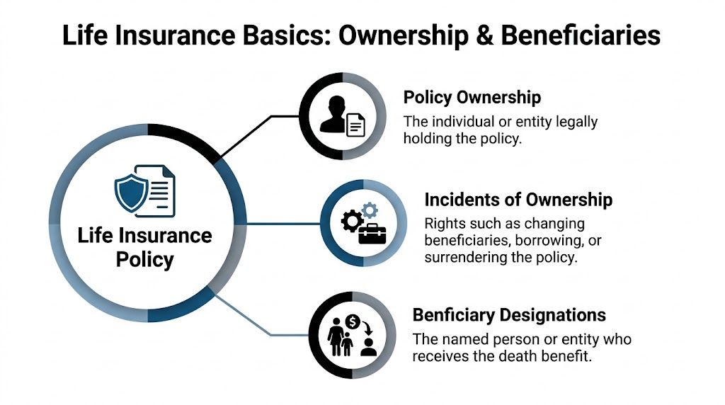 A diagram explaining life insurance basics including policy ownership, incidents of ownership, and beneficiary designations.