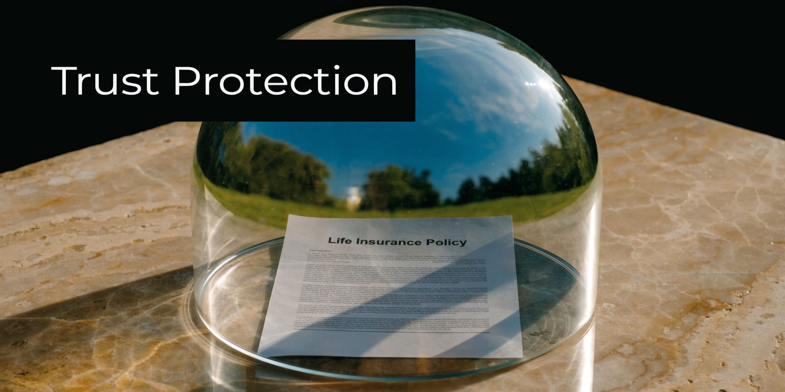 A life insurance policy document rests on a marble surface covered by a protective glass dome.