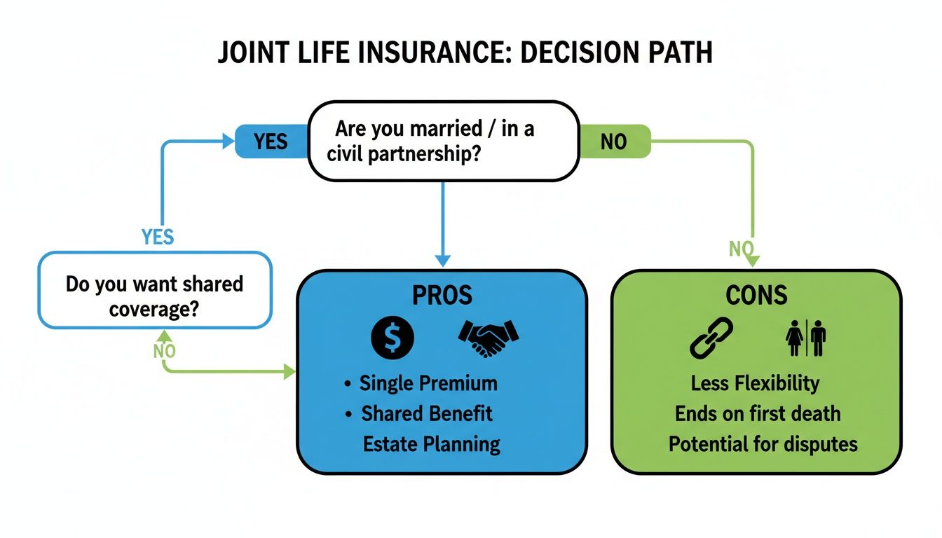 Flowchart detailing the decision path for joint life insurance, outlining pros and cons for couples.
