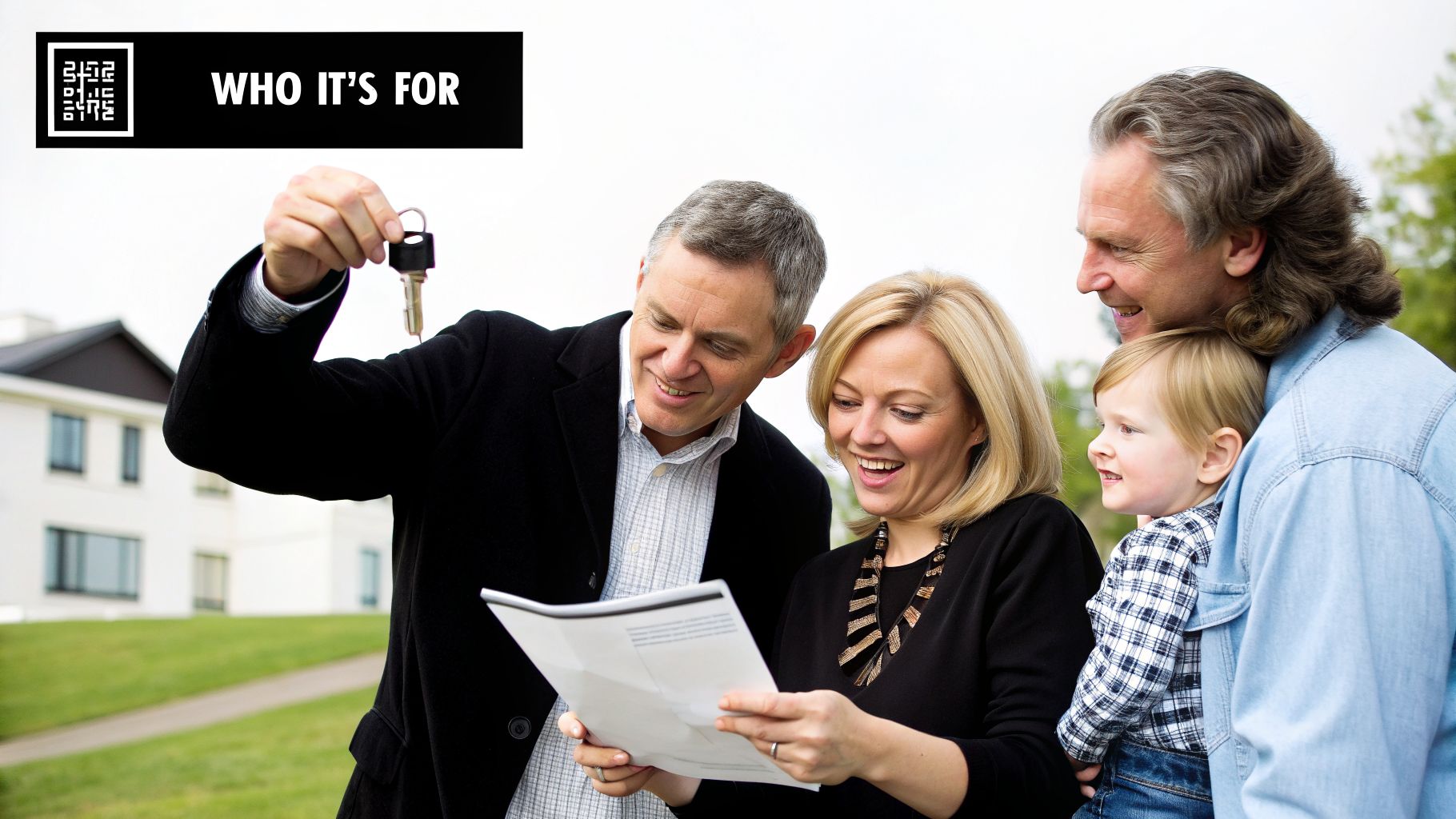Smiling family and agent reviewing documents, excited about new house keys.