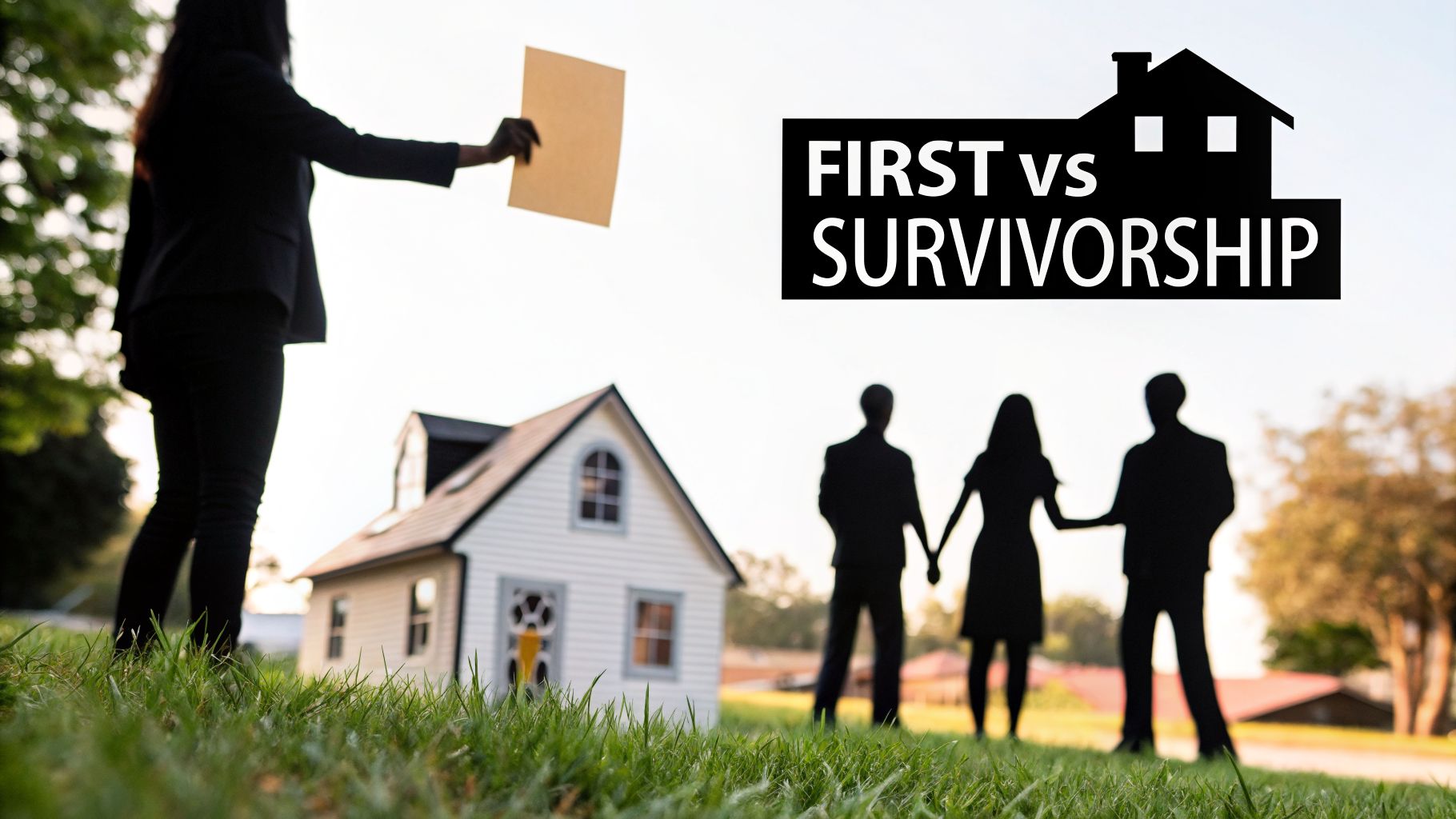Person holding document, miniature house, and family silhouettes with 'FIRST vs SURVIVORSHIP' text.