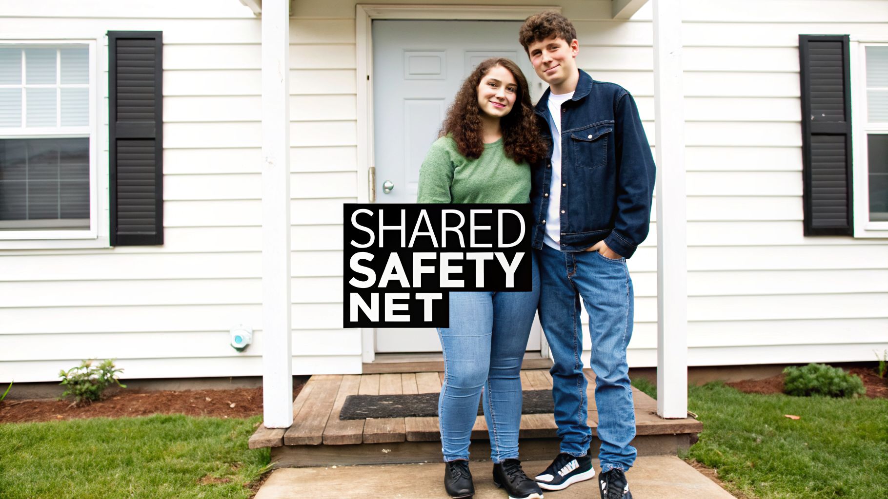 A smiling young couple stands on a porch in front of a white house with the text "SHARED SAFETY NET".