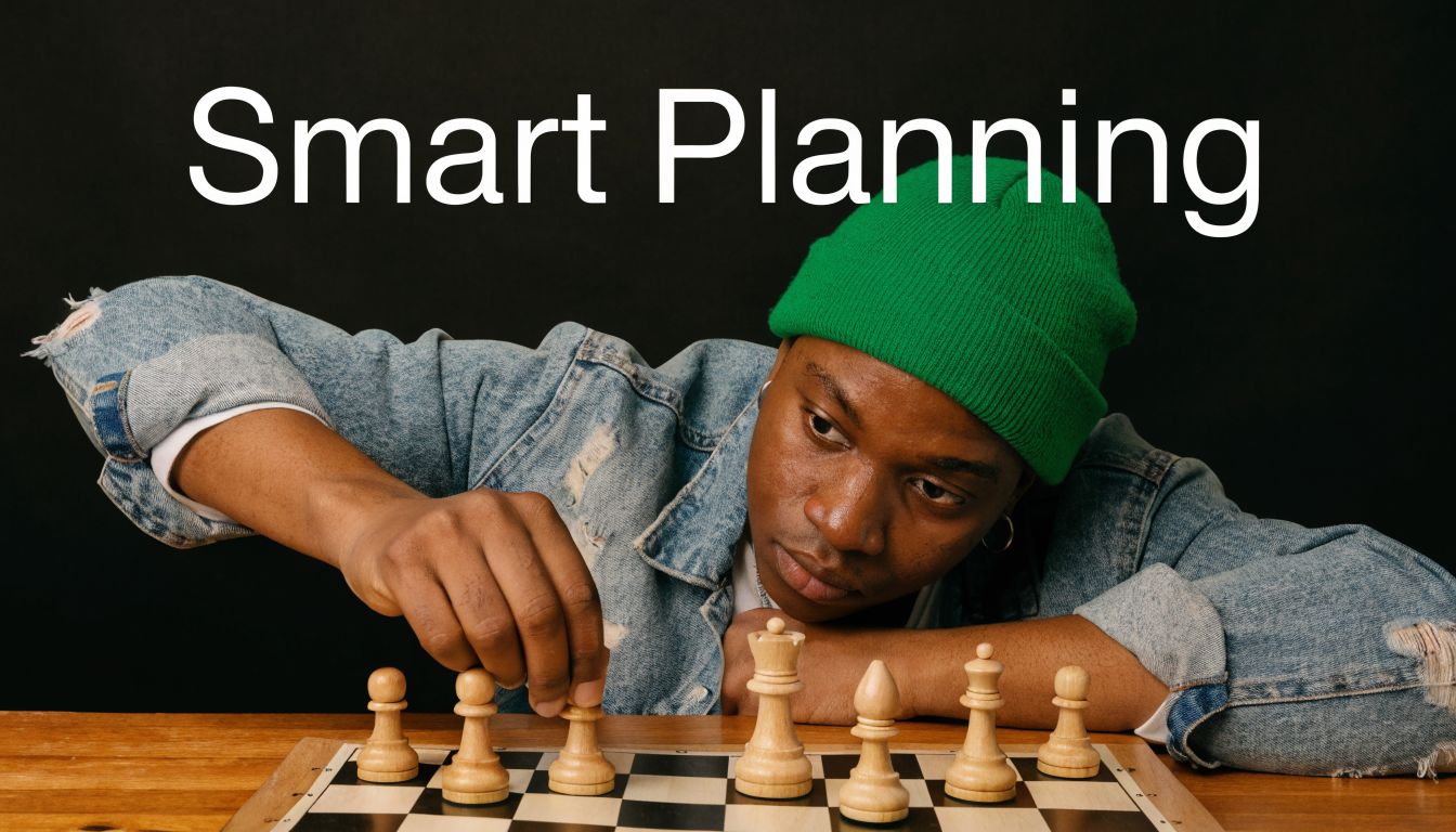 A young man wearing a green beanie playing a game of chess on a wooden board.