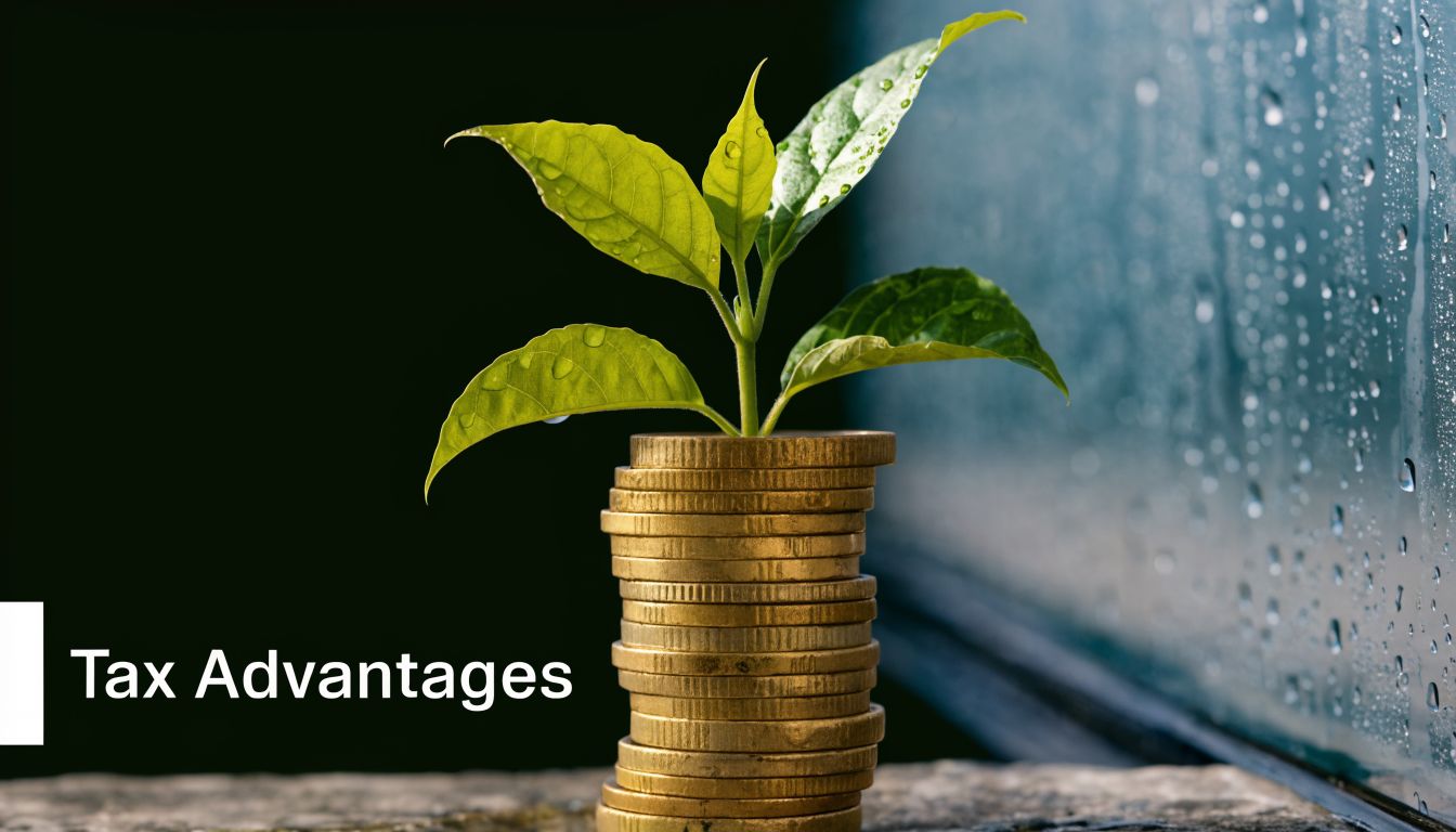 A small green plant sprouting from a stack of golden coins symbolizing growth and financial success.