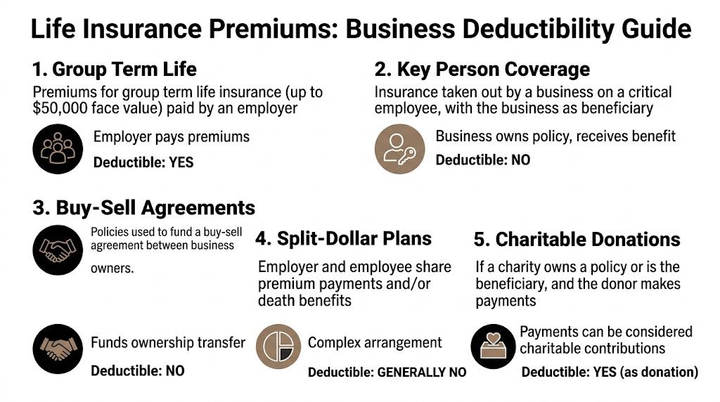 A business guide illustrating the tax deductibility of various life insurance premiums including group, key person, and charity.