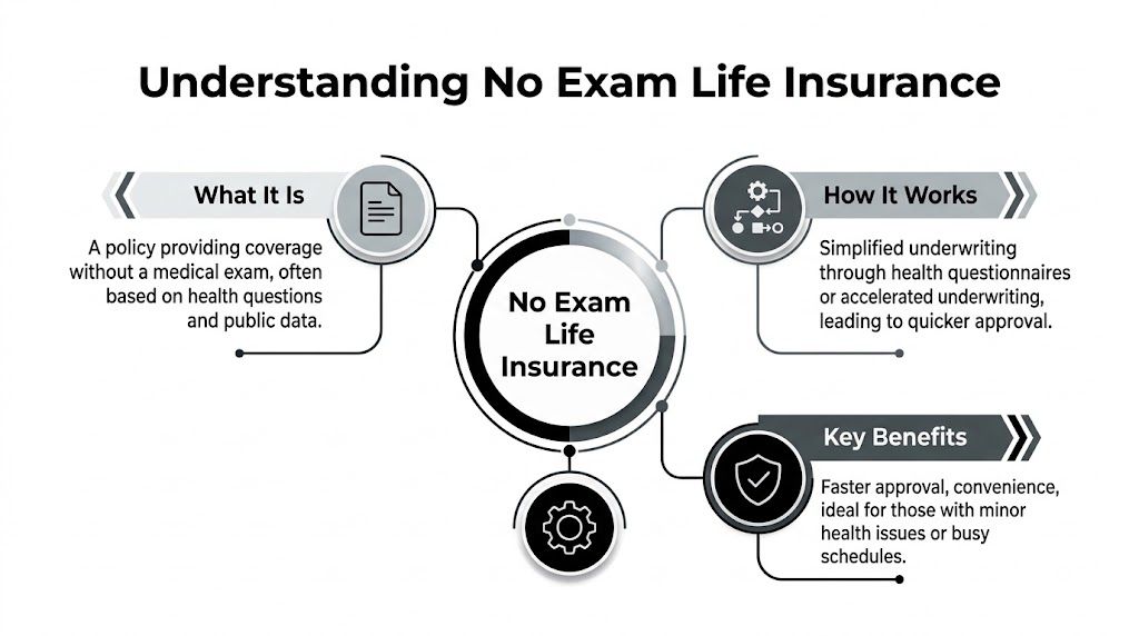 A simplified infographic explaining the definition, process, and benefits of no exam life insurance policies.