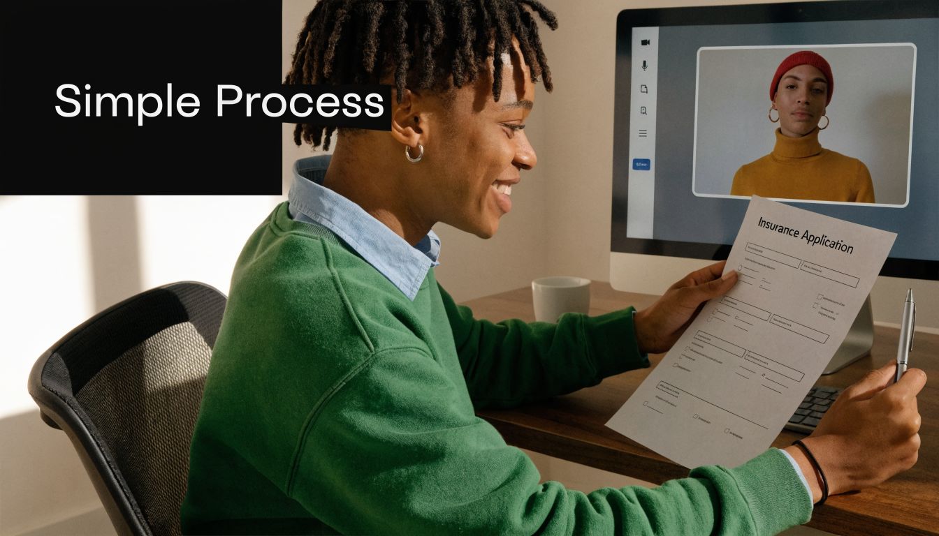 A smiling young person holds an insurance application form while participating in a virtual video call