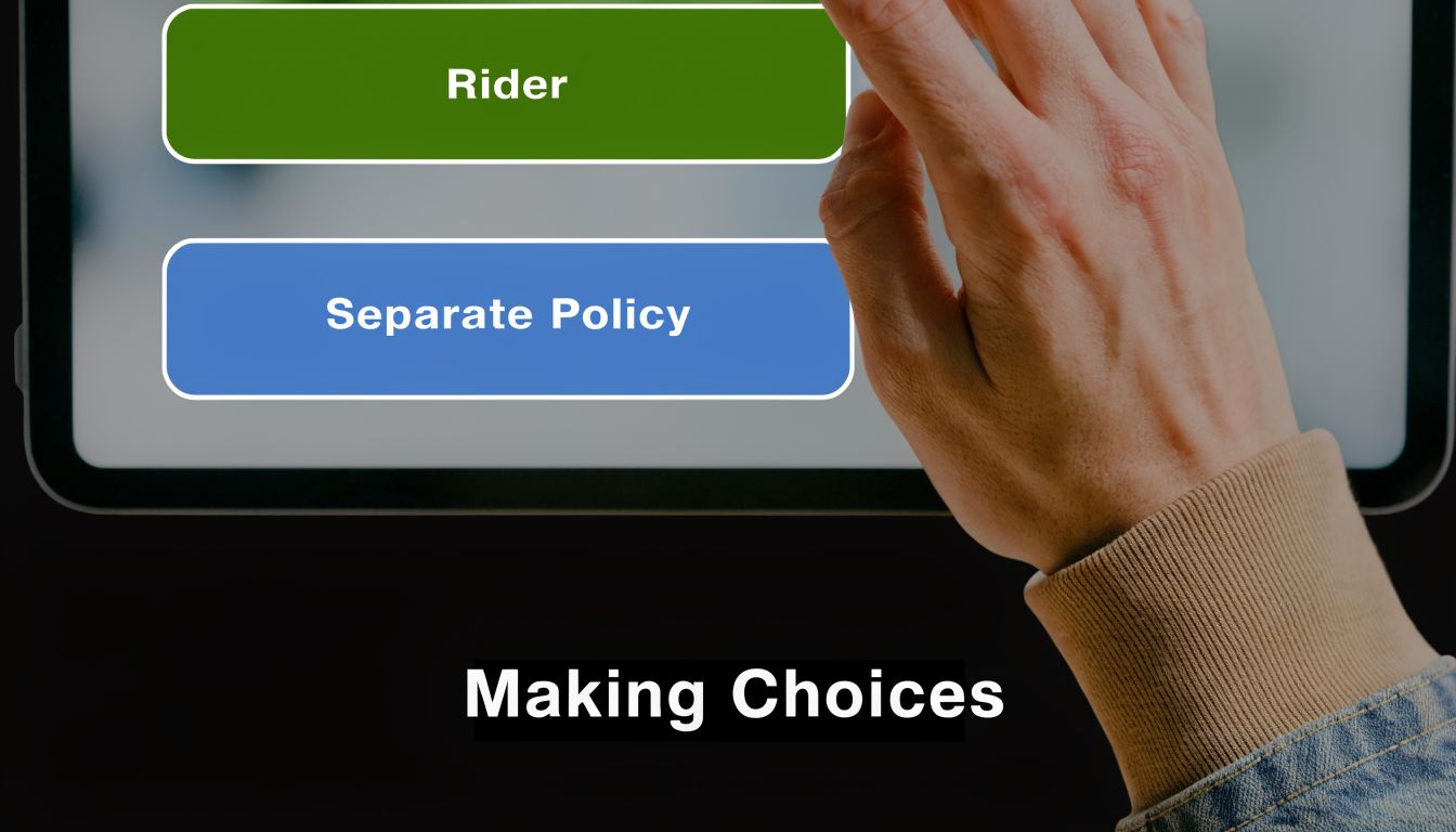 A close-up view of a person using a tablet interface to choose between rider and separate policy options.
