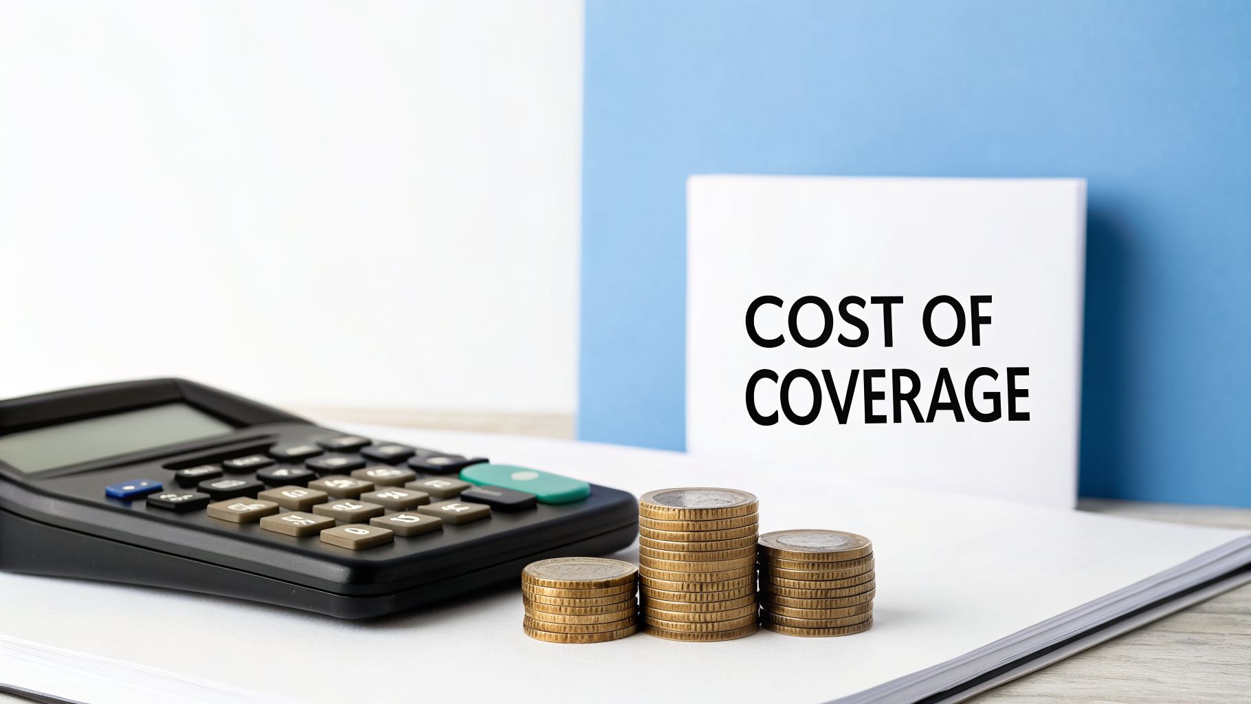A calculator, three stacks of coins, and a white card with 'COST OF COVERAGE' on a desk.