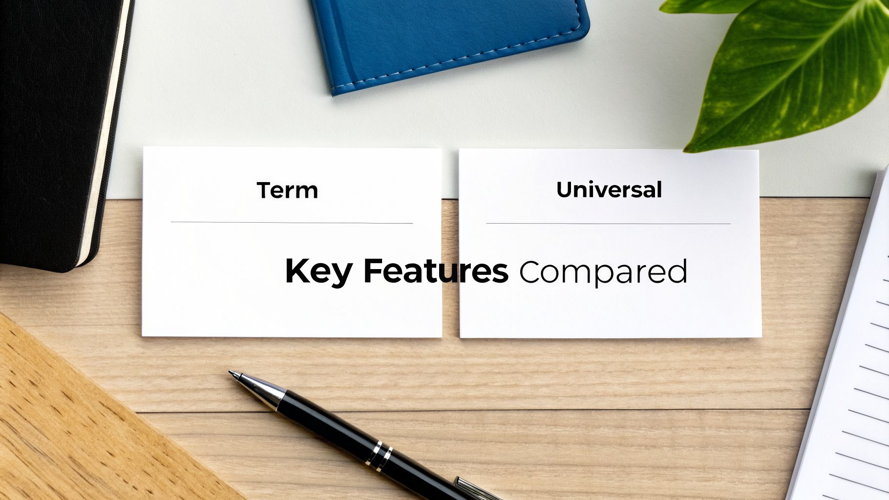 Two white cards on a desk showing 'Term' and 'Universal' life insurance key features compared, with a pen.