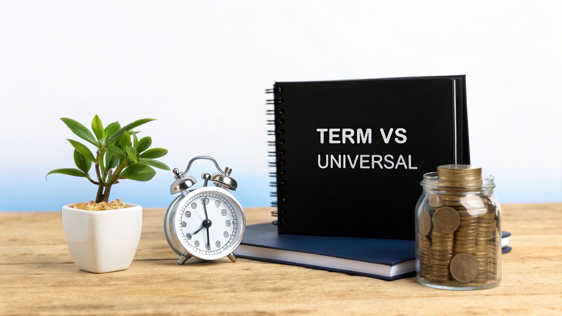 A small plant, alarm clock, and a jar of coins on a wooden desk next to a notebook with 'TERM VS UNIVERSAL' written on it.