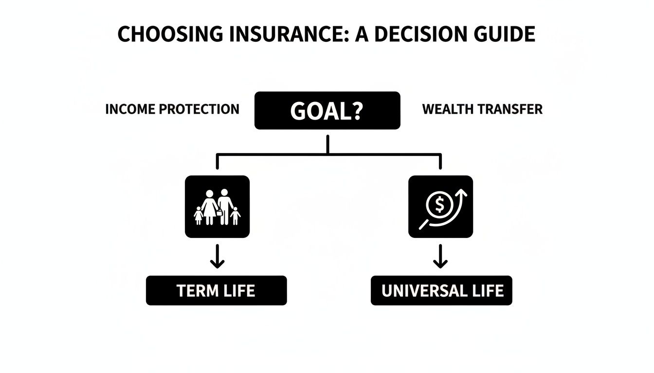 A flowchart guide on choosing insurance: Income protection leads to Term Life, Wealth transfer to Universal Life.