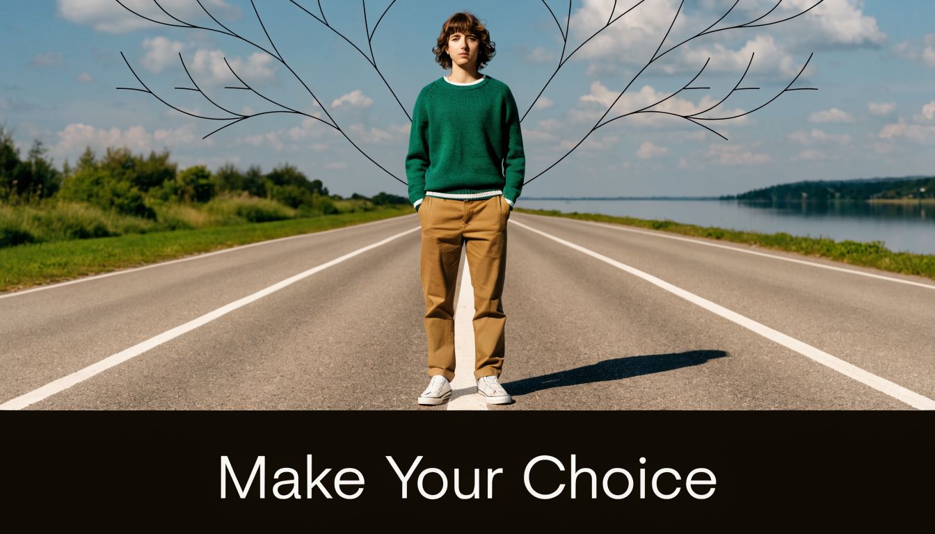 A person standing in the middle of an empty road with a hand-drawn tree branching above them.