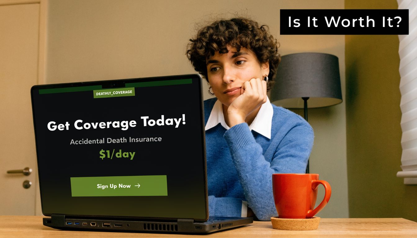 A person with curly hair looks thoughtfully at a laptop screen displaying an accidental death insurance offer.