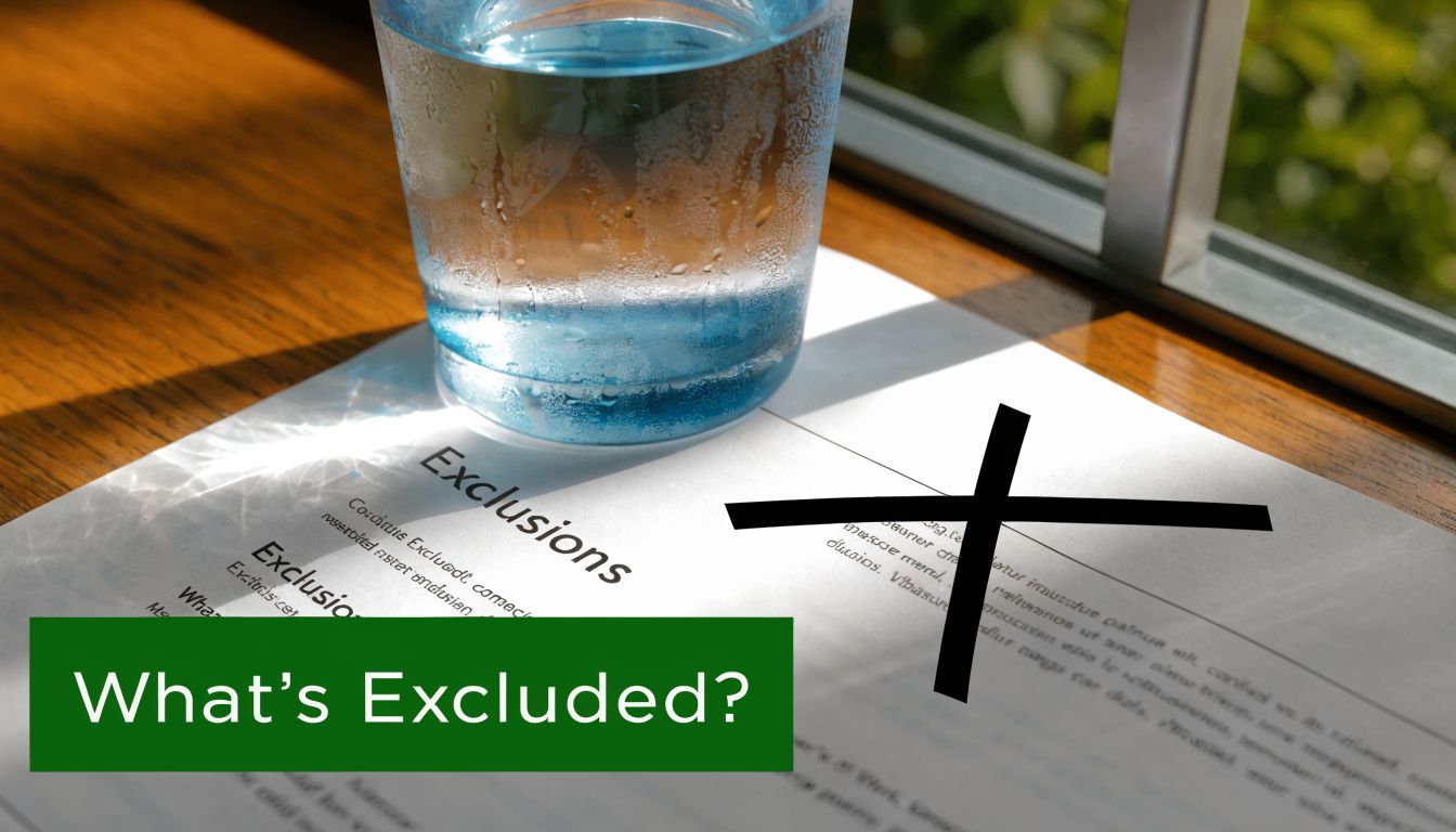 A document titled Exclusions marked with an X, sitting next to a glass of water on wood.