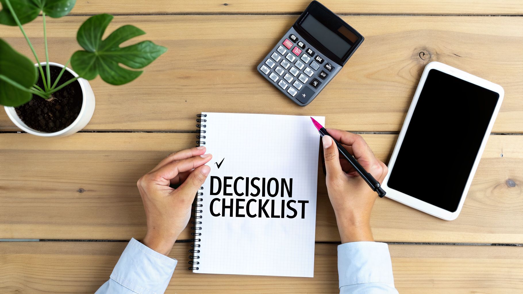 Overhead view of hands writing 'Decision Checklist' in a notebook on a wooden desk with a calculator.