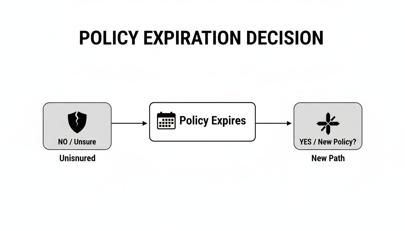 Flowchart illustrating policy expiration decision, showing paths for uninsured, policy expiration, and new policy.