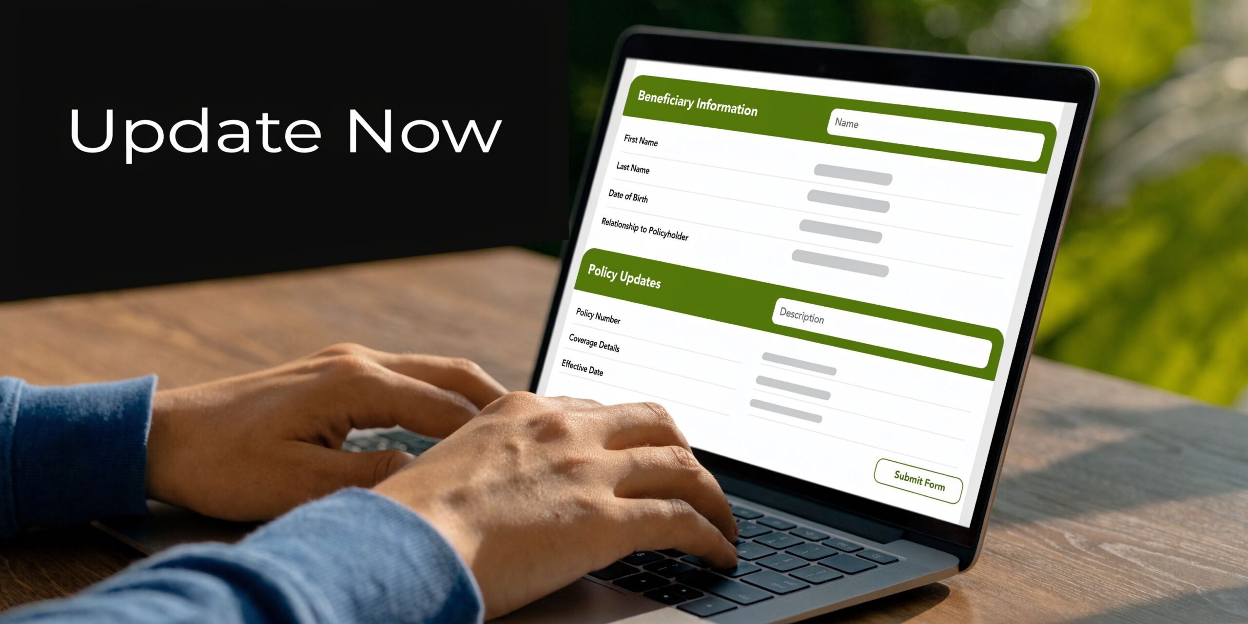 A person using a laptop to fill out an online insurance beneficiary and policy update form.
