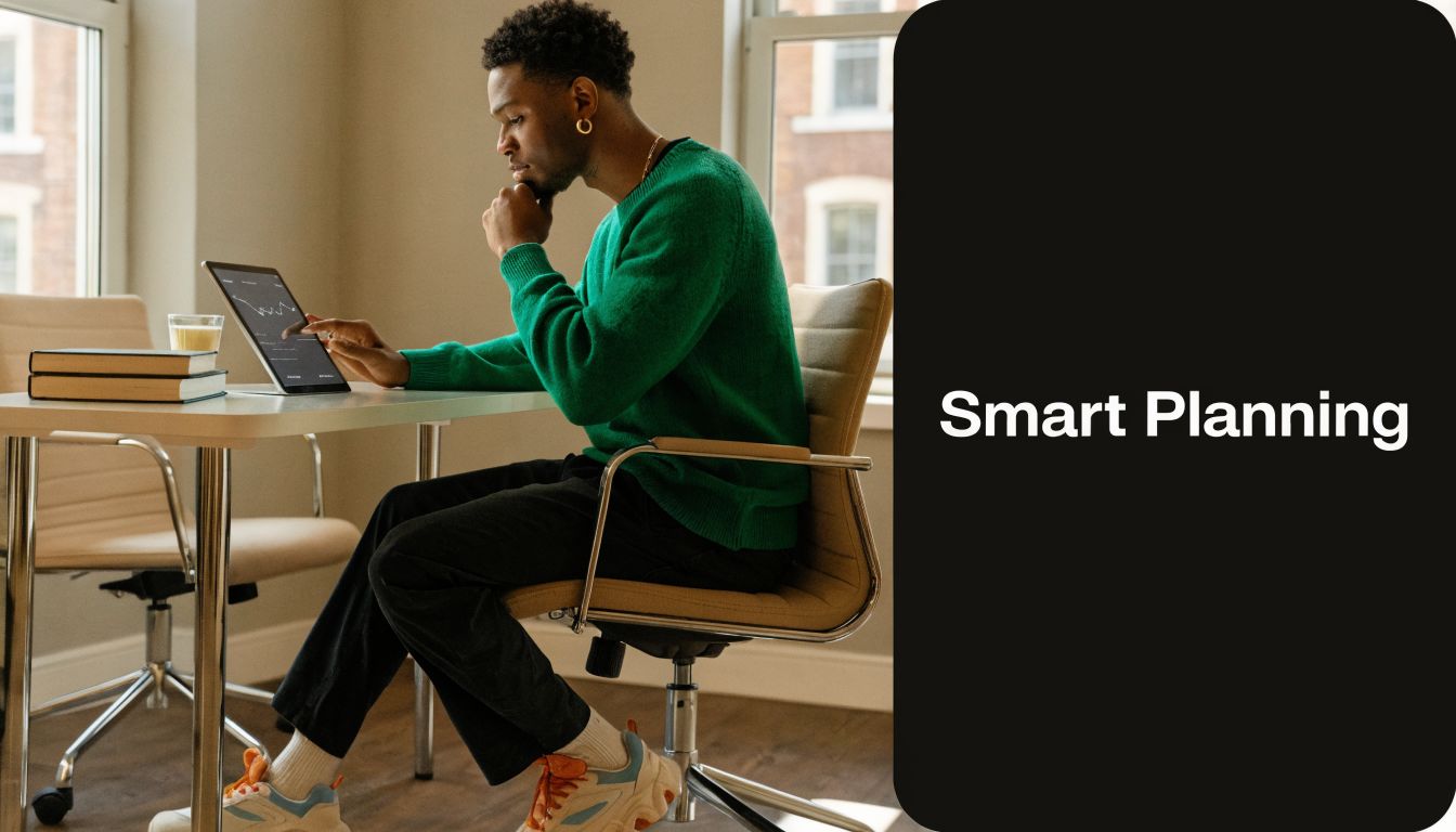 A focused man wearing a green sweater reviews financial charts on a tablet in an office.