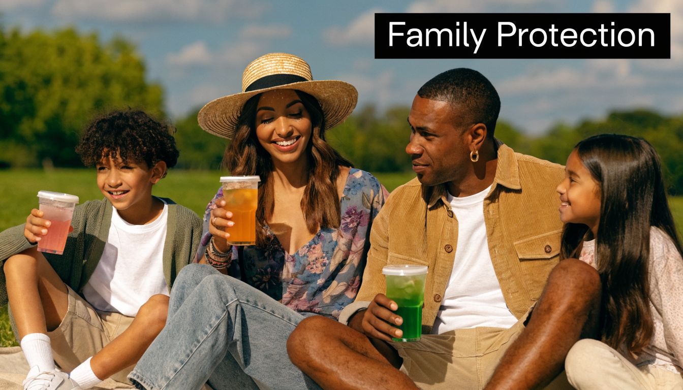 A happy family sitting on a blanket outdoors in the park drinking colorful beverages together.