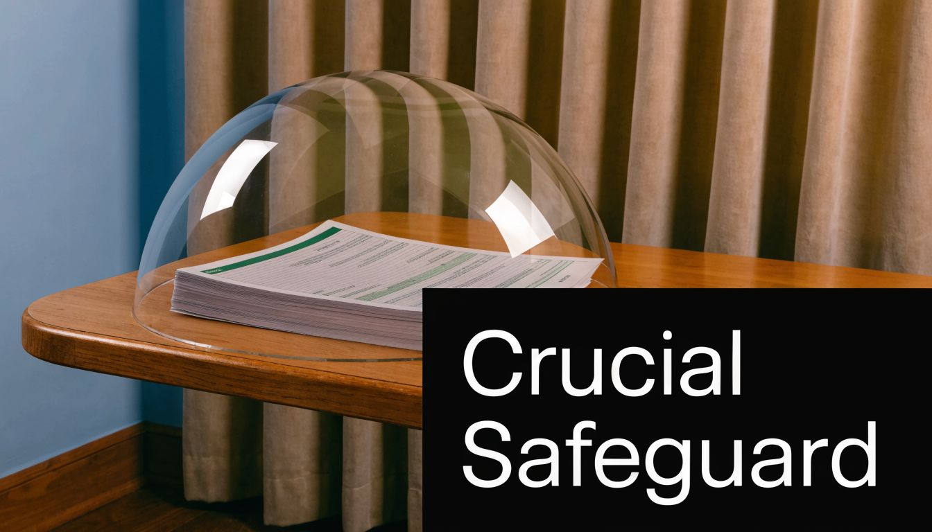 A stack of important documents protected by a clear acrylic dome sitting on a wooden table.
