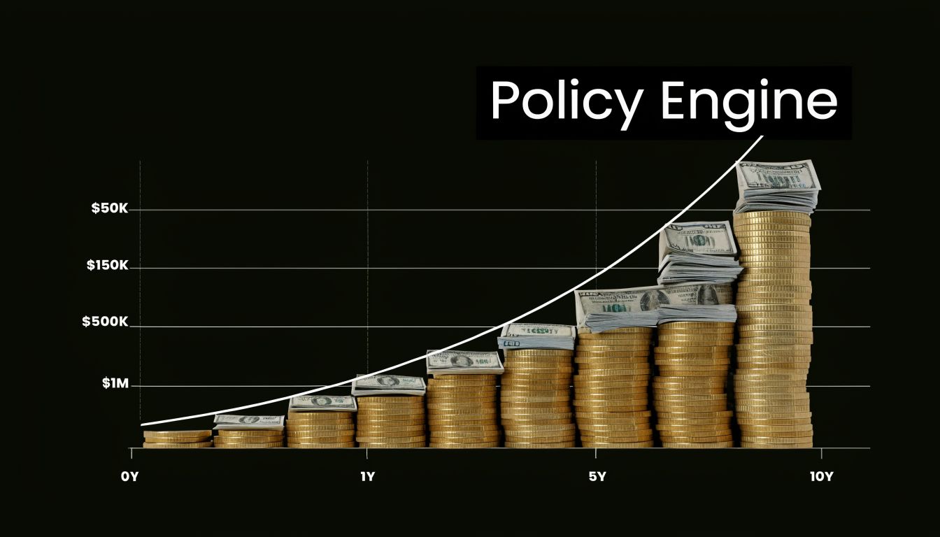 A chart illustrating the 20 pay life insurance growth over time using stacks of coins and bills.