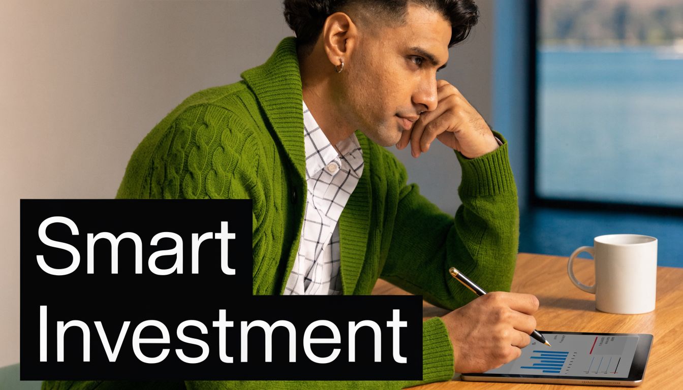 A man in a green cardigan reviews financial investment charts on a tablet while sitting at a desk.