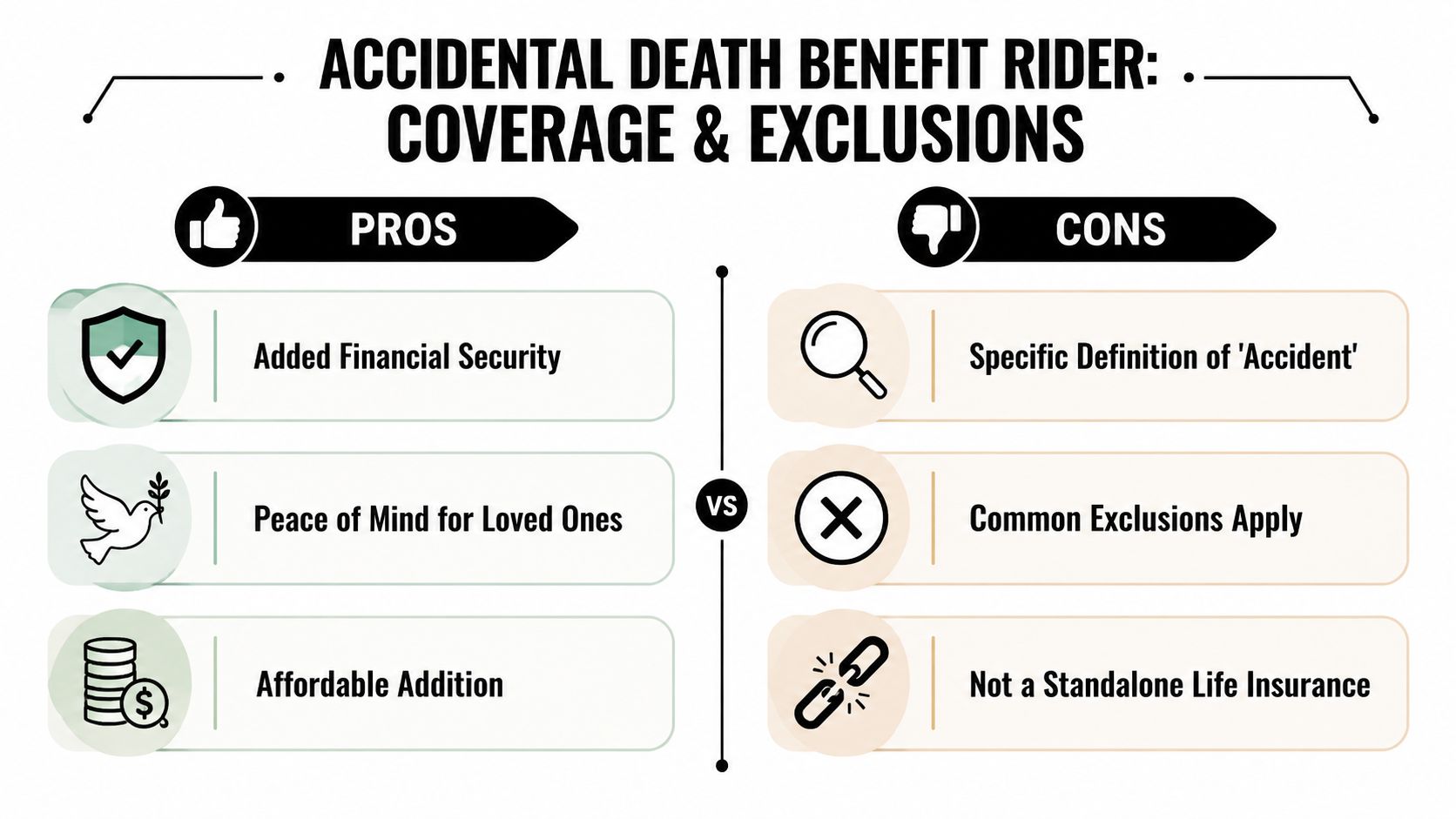 An infographic comparing the pros and cons of an accidental death benefit rider insurance policy.