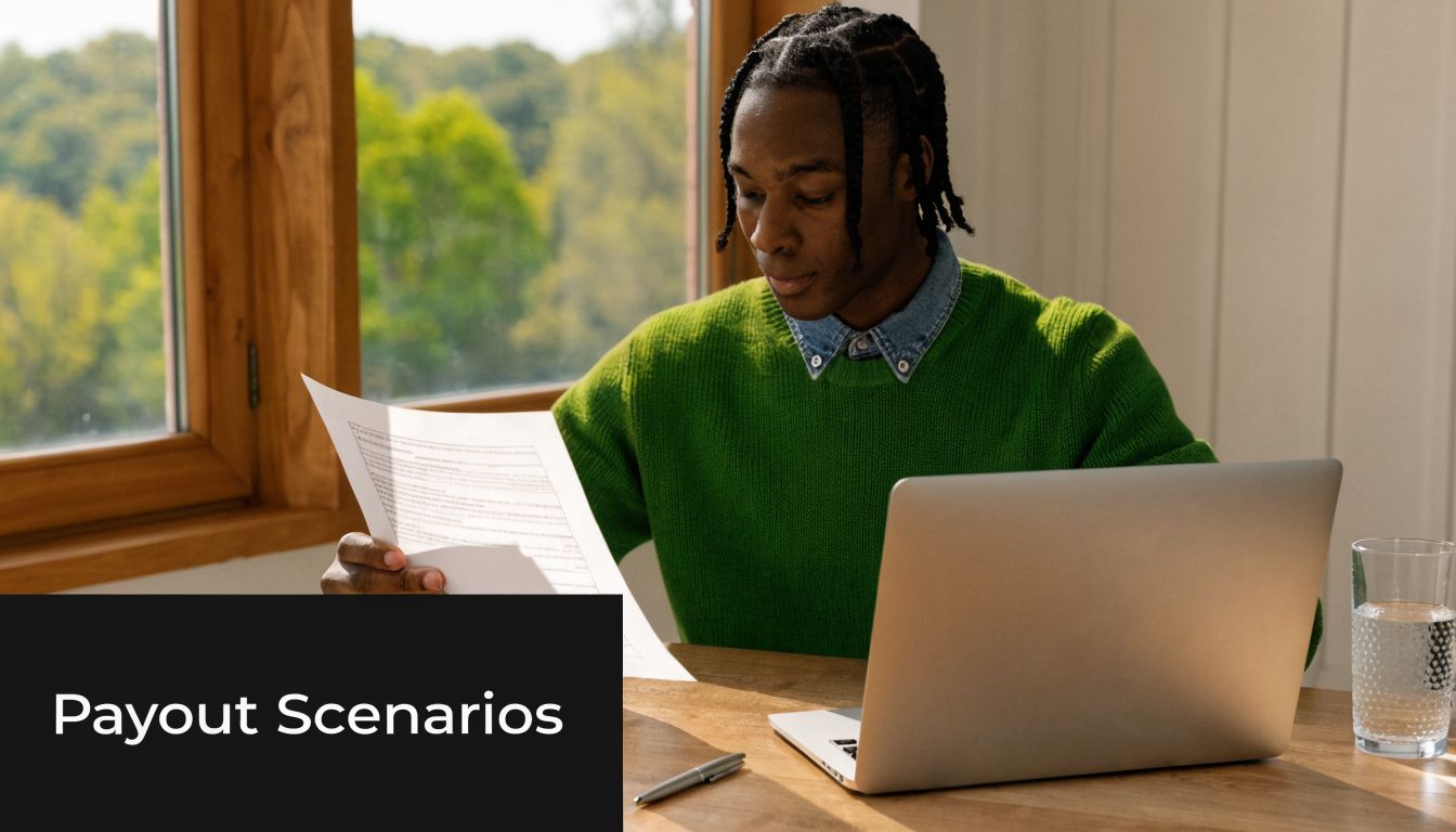 A focused man wearing a green sweater reviews financial documents while working on his laptop at home.