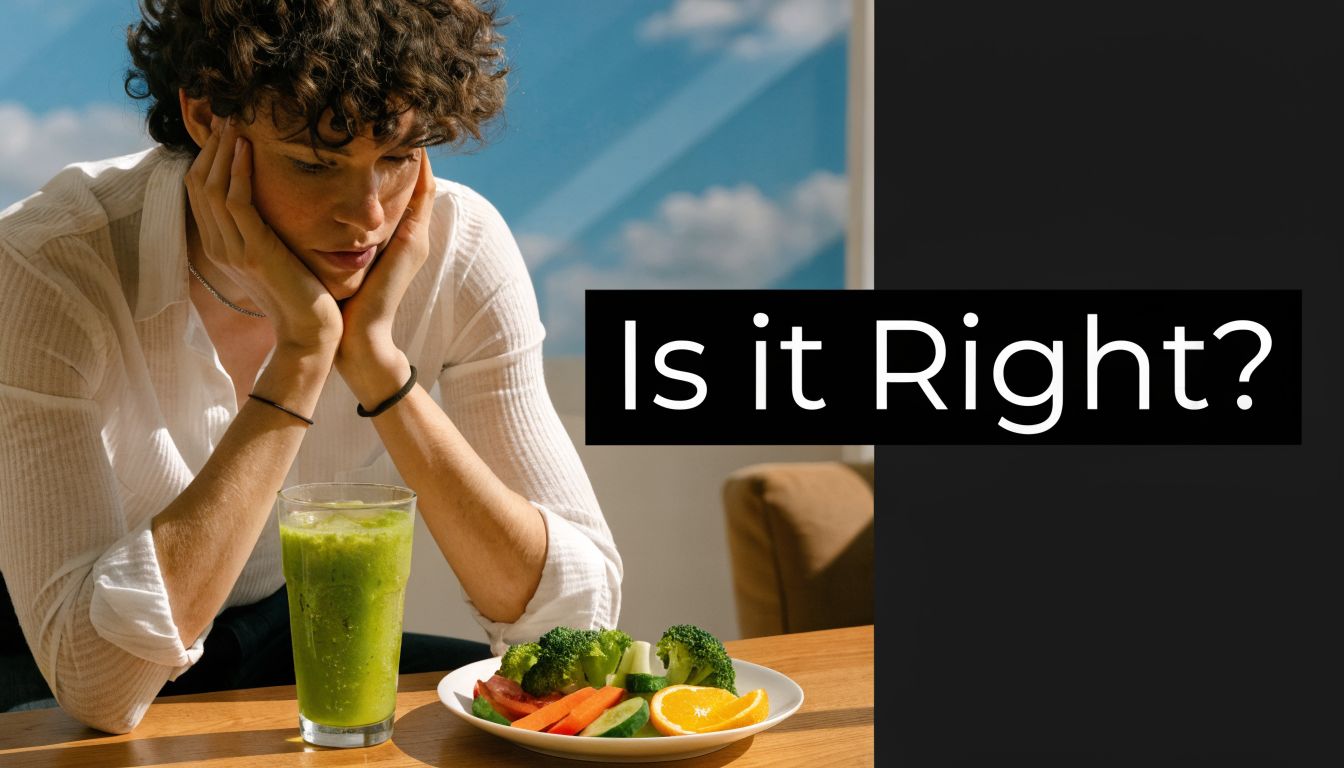 A contemplative person sits before a plate of fresh vegetables and a green vegetable smoothie.