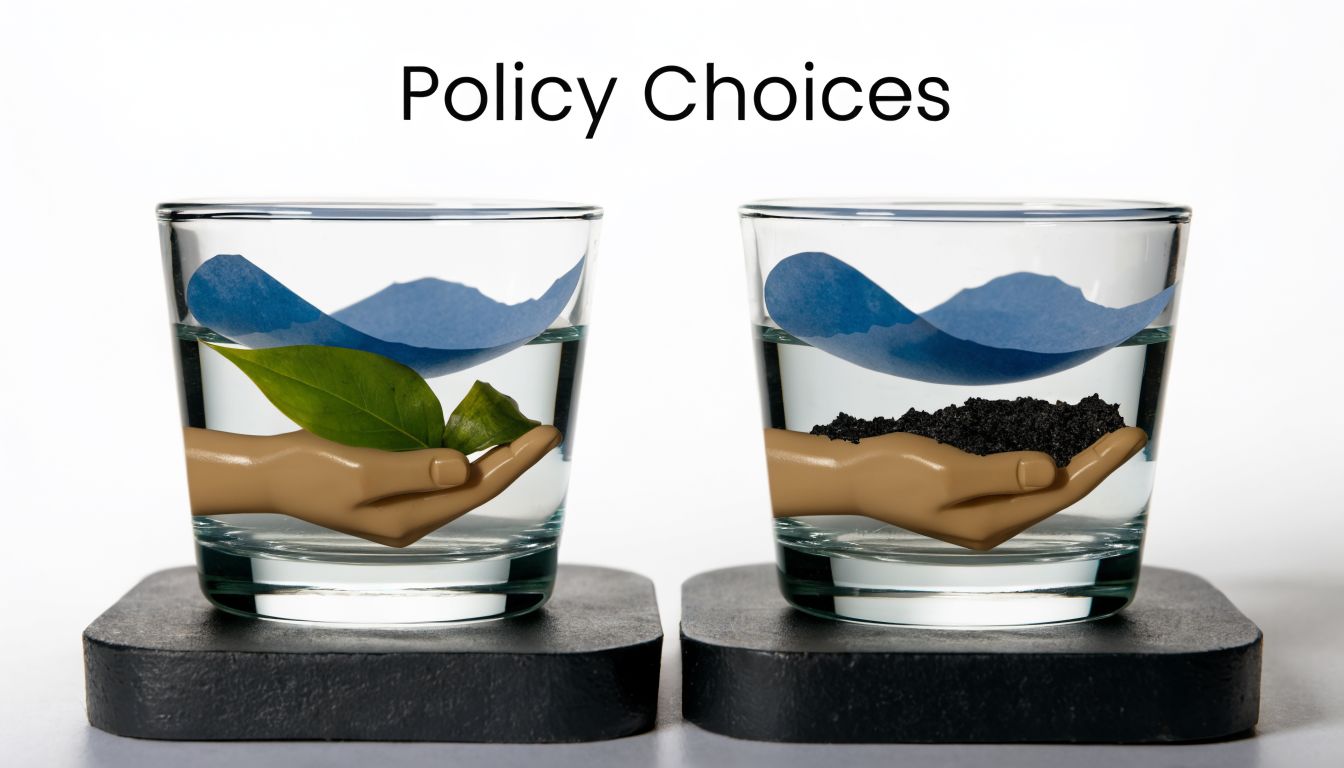Conceptual image representing policy choices with hands holding a leaf and soil in water glasses.
