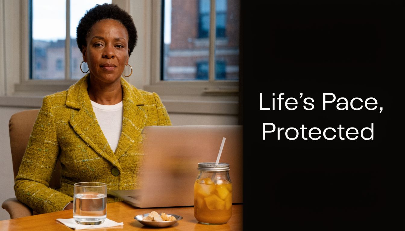A professional woman sitting at a desk with a laptop, reflecting on life insurance and financial protection.