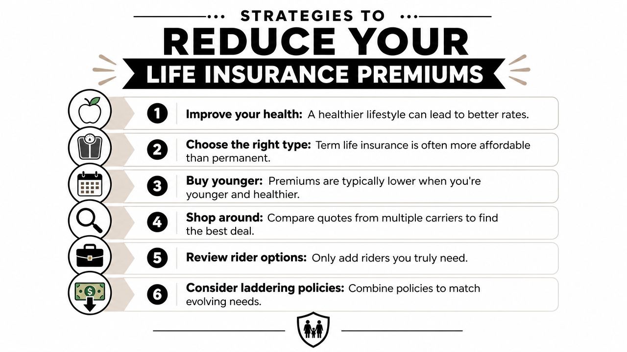 A list of six actionable strategies to help individuals reduce their life insurance premium costs effectively.