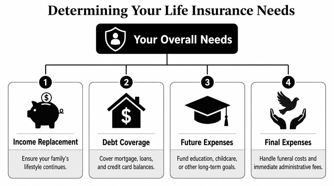 An infographic showing four key components for determining life insurance needs: income, debt, future, and final expenses.