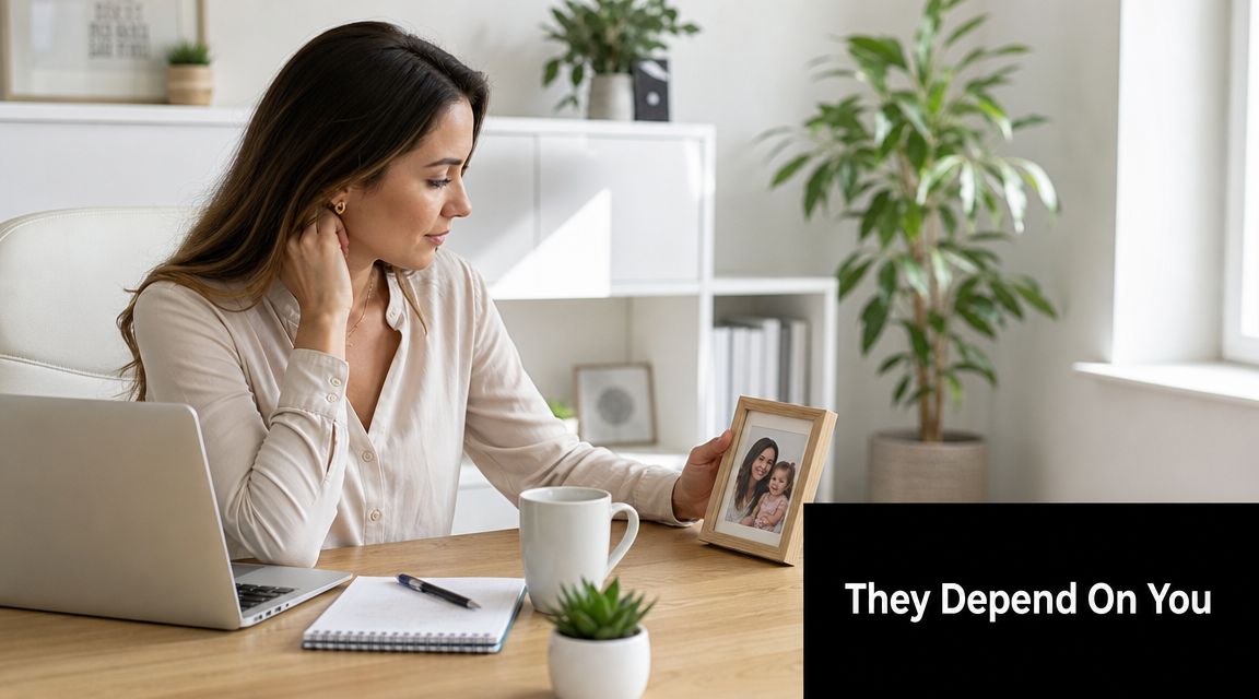 A woman looks at a framed photo of herself and her child while working at a desk.
