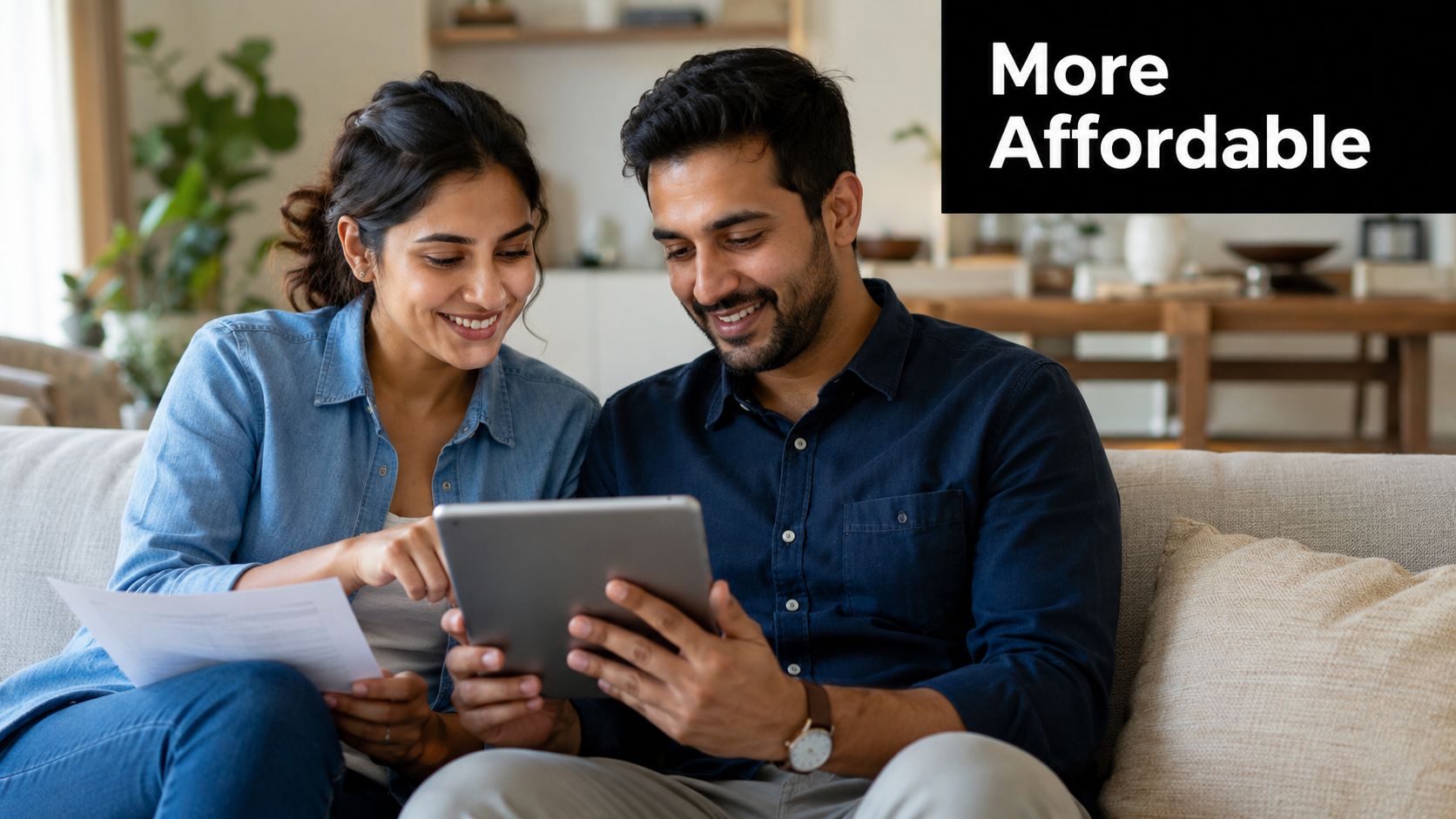 A smiling couple sits on a couch reviewing their financial information on a tablet and documents together.