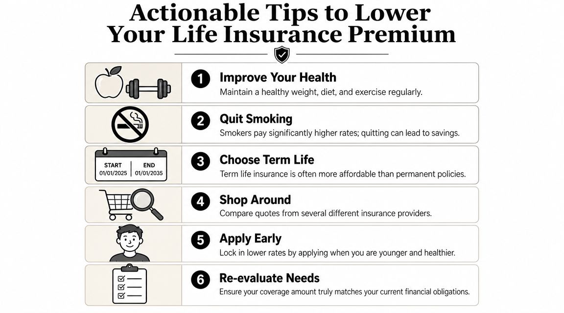A helpful infographic outlining six actionable tips for lowering life insurance premiums to save money.