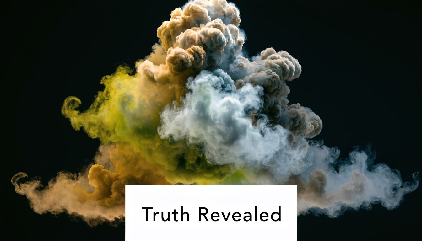An abstract, colorful smoke cloud with yellow, gray, and brown hues against a black background.