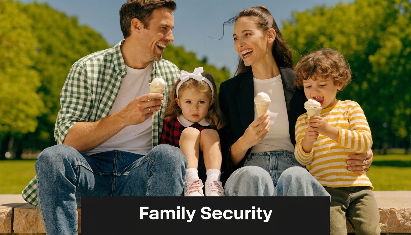 A happy young family of four sitting on a stone wall eating ice cream outdoors together.